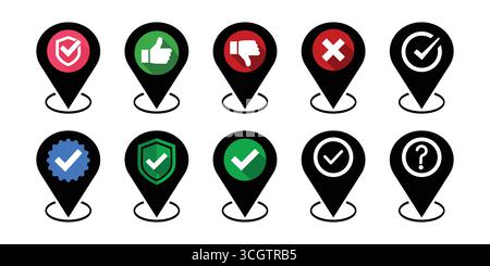 Set di marcatori di posizione con icone di conferma e feedback. Illustrazione Vettoriale