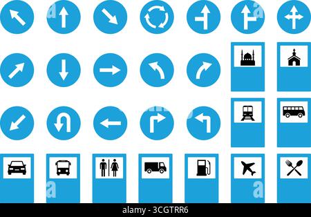 Una serie completa di cartelli stradali e di servizio pubblico blu e bianchi, tra cui frecce direzionali e icone delle strutture come servizi igienici, gas e trans Illustrazione Vettoriale