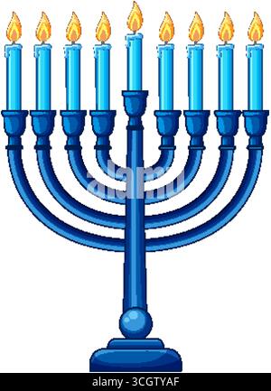 Illustrazione vettoriale della menorah blu con nove candele accese, linee pulite, sfondo bianco Illustrazione Vettoriale