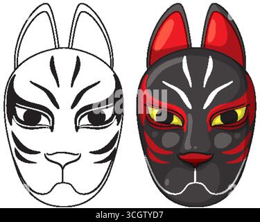 Maschera tradizionale giapponese di volpe in grassetto nero, rosso e giallo, mostrata a colori e con contorno Illustrazione Vettoriale