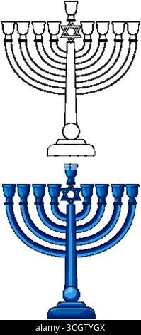 Menorah blu stilizzata con Stella di David, linee vettoriali pulite, sfondo bianco, vista frontale Illustrazione Vettoriale