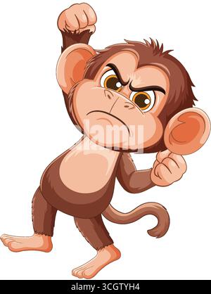 Audace cartone vettoriale di scimmia arrabbiata con pugni serrati, volto espressivo, colori brillanti, sfondo isolato. Illustrazione Vettoriale
