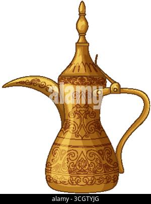 Illustrazione vettoriale di una caffettiera in ottone decorata con motivi intricati, isolata su sfondo bianco Illustrazione Vettoriale