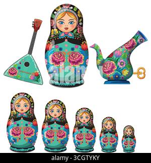Vivace illustrazione vettoriale di bambole russe matryoshka, balalaika floreale e samovar ornato con motivi popolari. Illustrazione Vettoriale