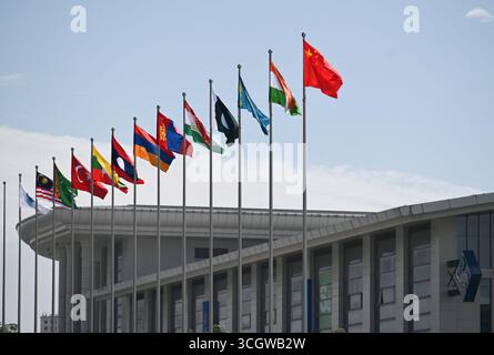 Tianjin, Cina. 30 agosto 2025. La bandiera della Cina (r-l) vola accanto alle bandiere di India, Kazakistan, Pakistan e altri paesi rappresentati al vertice dell'Organizzazione di cooperazione di Shanghai. I dieci stati membri dell'organizzazione regionale per la sicurezza si riuniscono da domenica a lunedì nella città portuale cinese settentrionale di Tianjin, insieme a osservatori e paesi ospitanti. Credito: Johannes Neudecker/dpa/Alamy Live News Foto Stock