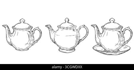 Teiere in porcellana, set di silhouette, sketch in bianco e nero. Illustrazione vettoriale. Stoviglie in porcellana per tè e colazione, isolate su un dorso bianco Illustrazione Vettoriale