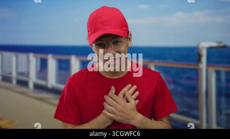 L'uomo con il berretto rosso e la camicia guarda verso l'alto e tiene la mano al petto con un gesto della pochette che indica un attacco di cuore su una strada accanto alle ringhiere; dolore. Foto Stock