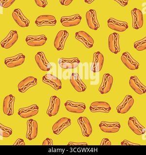 Design elegante, hotdog senza cuciture e design a fumetti con colori colorati Illustrazione Vettoriale