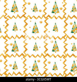 Schema senza cuciture di alberi di Natale verdi astratti, fiocchi di neve dorati e zigzag, disegnati a mano in acquerello. Foto Stock