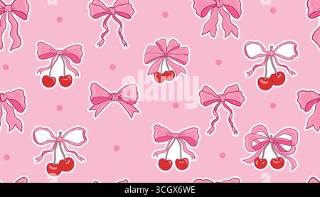 Motivo senza cuciture di fiocco a nastro in coquette rosa con ciliegie e punti. Stile femminile carino, perfetto per tessuti, avvolgimenti, decorazioni, fascino vintage, Illustrazione Vettoriale