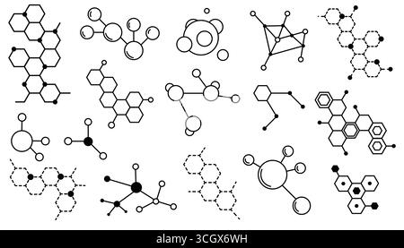 Set di strutture molecolari a linea sottile con stile geometrico minimale. Ideale per scienza e chimica, biologia e fisica, medicina e tecnologia, researc Illustrazione Vettoriale