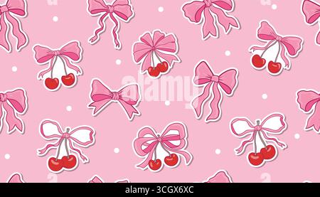 Fiocchi a nastro rosa in coquette mescolati con ciliegie e motivo senza cuciture punteggiato. Design elegante, retrò e romantico per tessuto, confezione regalo, carta da parati, statio Illustrazione Vettoriale