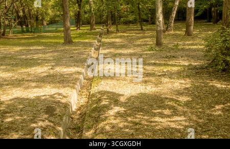 Lungo canale aperto di acqua piovana in un parco cittadino. Luce dappata, erba e lettiera lungo i bordi, nessuna gente. Foto Stock