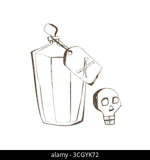 Bottiglia di veleno disegnata a mano con illustrazione di teschio doodle contenitore di halloween per stregoneria gotica dal design spettrale Illustrazione Vettoriale