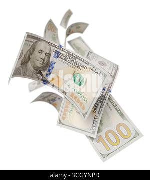 Banconote da 100 dollari statunitensi in caduta casuale isolate su sfondo bianco. Foto Stock