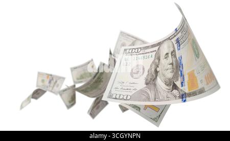 Banconote da 100 dollari statunitensi in caduta casuale isolate su sfondo bianco. Foto Stock
