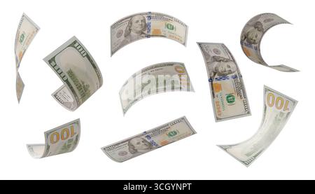 Costruisci il tuo 2 (di 3): Raccolta casuale di banconote da 100 dollari isolate su sfondo bianco. Foto Stock