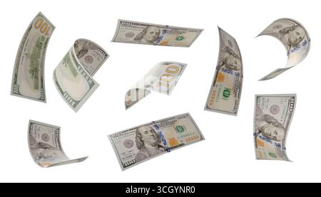 Costruisci il tuo 1 (di 3): Raccolta casuale di banconote da 100 dollari isolate su sfondo bianco. Foto Stock