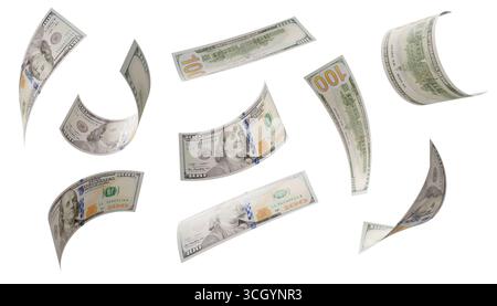 Costruisci il tuo 3 (di 3): Raccolta casuale di banconote da 100 dollari isolate su sfondo bianco. Foto Stock