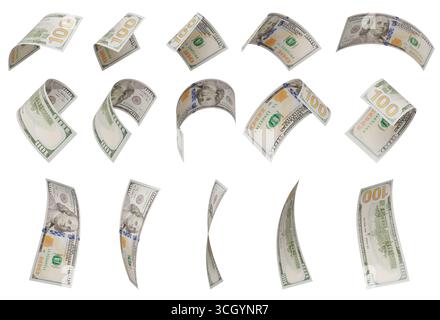Crea il tuo set personalizzato: Collezione casuale di banconote da 100 dollari isolate su sfondo bianco. Foto Stock