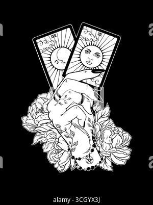Mano femminile con tatuaggio che regge carte di tarocchi - simboli di sole e luna. Illustrazione vettoriale Illustrazione Vettoriale