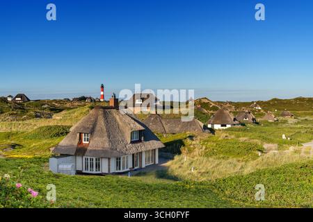 Hornum, Germania - 30 giugno 2025: Case vacanza e faro di Hornum sull'isola di Sylt nel Nordfriesland, nel nord della Germania Foto Stock