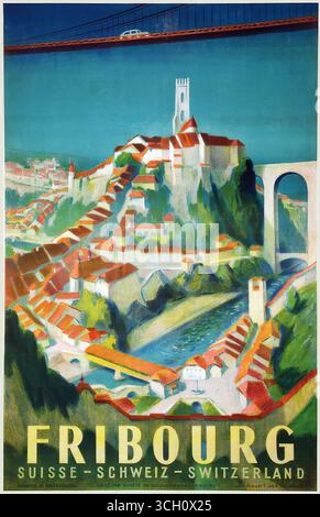 Uno splendido poster di viaggio vintage del 1938 per Friburgo in Svizzera Foto Stock