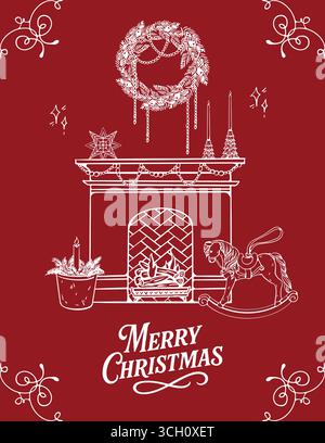 Tessera per le vacanze invernali. Modelli natalizi. Biglietto con scritta, caminetto, candele, cavallo a dondolo e corona di Natale. Interni natalizi, contorno grafico monocromatico. Illustrazione vettoriale bianca su sfondo rosso. Illustrazione Vettoriale