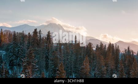 Monti Tatra spettacolare paesaggio invernale con il massiccio del Giewont e la vetta del Great Giewont sopra la foresta sempreverde innevata, Zakopane, Polonia. Foto Stock