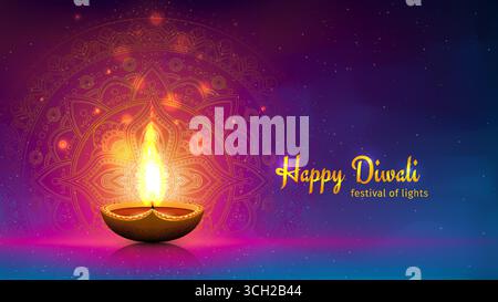 Biglietto d'auguri vettoriale felice diwali. Tessera diwali festiva. Banner, modello di design per poster con lampada, luci dorate. Sfondo blu magenta colorato Illustrazione Vettoriale