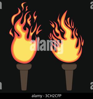 Due torce brucianti con fiamme accese su sfondo scuro Illustrazione Vettoriale