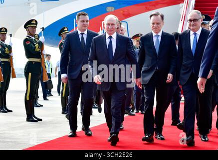 Tianjin, Cina. 31 agosto 2025. Il presidente russo Vladimir Putin arriva per il vertice 2025 dell'Organizzazione di cooperazione di Shanghai (SCO) a Tianjin, nel nord della Cina, 31 agosto 2025. Crediti: Guo Xulei/Xinhua/Alamy Live News Foto Stock