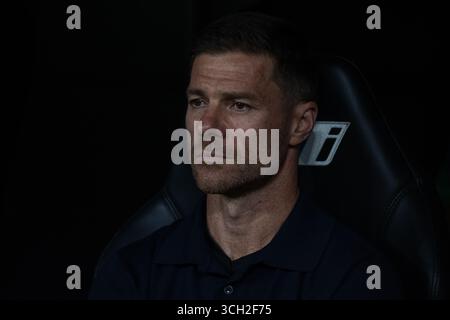 Madrid, Spagna. 30 agosto 2025. Xabi Alonso, allenatore del Real Madrid, reagisce durante la partita EA SPORTS la Liga 2025-2026 tra Real Madrid e Real Mallorca allo stadio Santiago Bernabéu. Risultati finali: Real Madrid 2 - 1 Real Mallorca. Credito: SOPA Images Limited/Alamy Live News Foto Stock