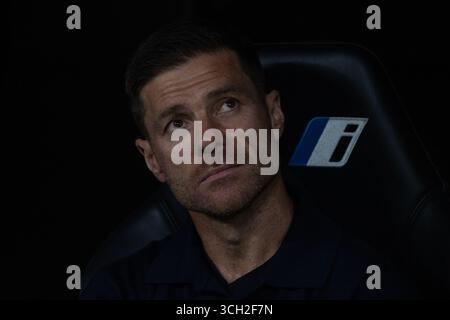 Madrid, Spagna. 30 agosto 2025. Xabi Alonso, allenatore del Real Madrid, reagisce durante la partita EA SPORTS la Liga 2025-2026 tra Real Madrid e Real Mallorca allo stadio Santiago Bernabéu. Risultati finali: Real Madrid 2 - 1 Real Mallorca. Credito: SOPA Images Limited/Alamy Live News Foto Stock