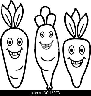 Tre carote cartoni animati felici con grandi sorrisi e foglie per mangiare sano e divertente Illustrazione Vettoriale