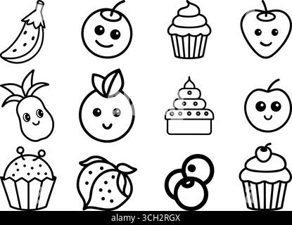 Simpatici cartoni animati della collezione di cibo icone di frutta, verdura e dessert per i bambini che disegnano Illustrazione Vettoriale