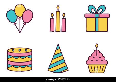 Icone della festa di buon compleanno: Carino, colorato, stile Line Art, grafica festiva. Illustrazione Vettoriale