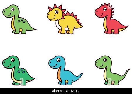 Adorabile collezione di dinosauri cartoni animati: Sei dinosauri colorati e felici, perfetti per i prodotti per bambini. Illustrazione Vettoriale