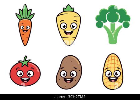 Verdure cartoni animati felici con volti e occhi Illustrazione Vettoriale