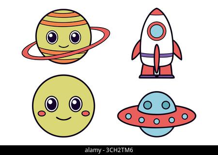 Carini oggetti spaziali cartoni animati con volti amichevoli Illustrazione Vettoriale