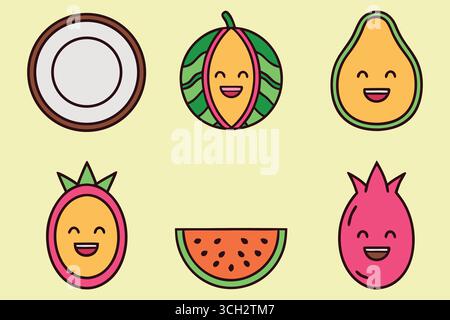 Simpatici personaggi di frutta kawaii con volti felici Illustrazione Vettoriale