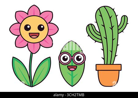 Graziose piante di cartoni animati con facce felici Illustrazione Vettoriale
