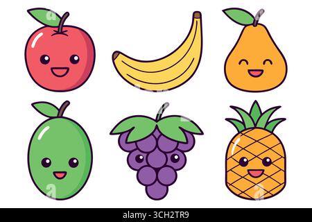 Adorabili frutti kawaii con volti felici Illustrazione Vettoriale