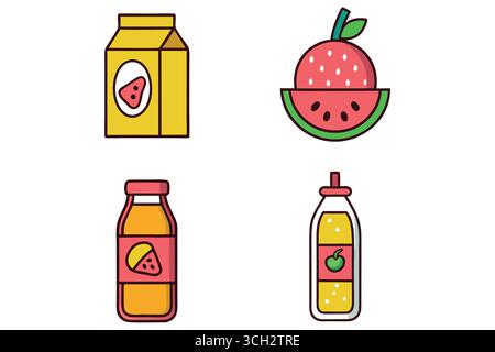Quattro colorate illustrazioni a fumetti di frutta e bevande Illustrazione Vettoriale