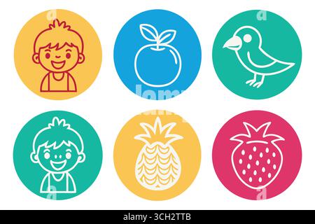 Simpatici cartoni animati con frutta e animali per bambini in ovali colorati Illustrazione Vettoriale