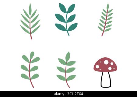 Stravaganti elementi boschivi disegnati a mano con foglie e funghi Illustrazione Vettoriale