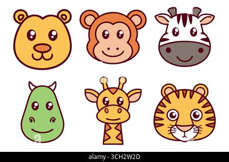 Collezione di simpatici volti animati in un layout a griglia Illustrazione Vettoriale