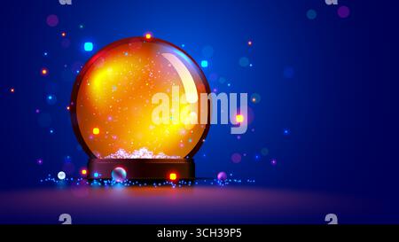 Modello vettoriale del globo da neve. Palla di neve vuota con neve e fiocchi di neve. Modello in vetro, mappamondo da neve o palla decorativa natalizia. Podio in tr Illustrazione Vettoriale