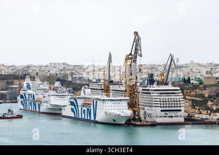 La Valletta, Malta - 10 aprile 2025: Grandi navi da crociera e traghetti attraccati al porto industriale accanto a torreggianti gru da carico Foto Stock