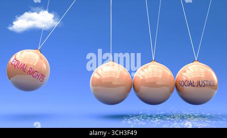 La parità dei diritti produce giustizia sociale. Una metafora della culla di Newton in cui la parità dei diritti dà slancio alla giustizia sociale. Relazione causa-effetto tra Foto Stock